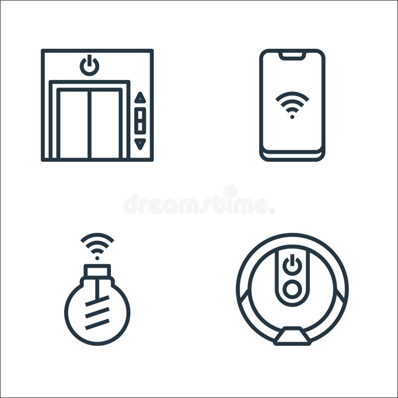 Smarthome line icons. linear set. quality vector line set such as roomba, smart bulb, smartphone royalty free illustration