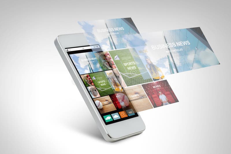 Smarthphone con la pagina Web di notizie sullo schermo illustrazione di stock Smarthphone con la pagina Web di notizie sullo schermo illustrazione di stock