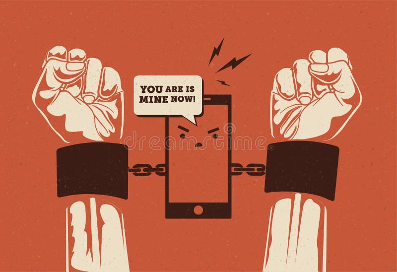Smartphone addiction. Phone holding hands in cuffs. Conceptual vintage styled vector eps 10 illustration