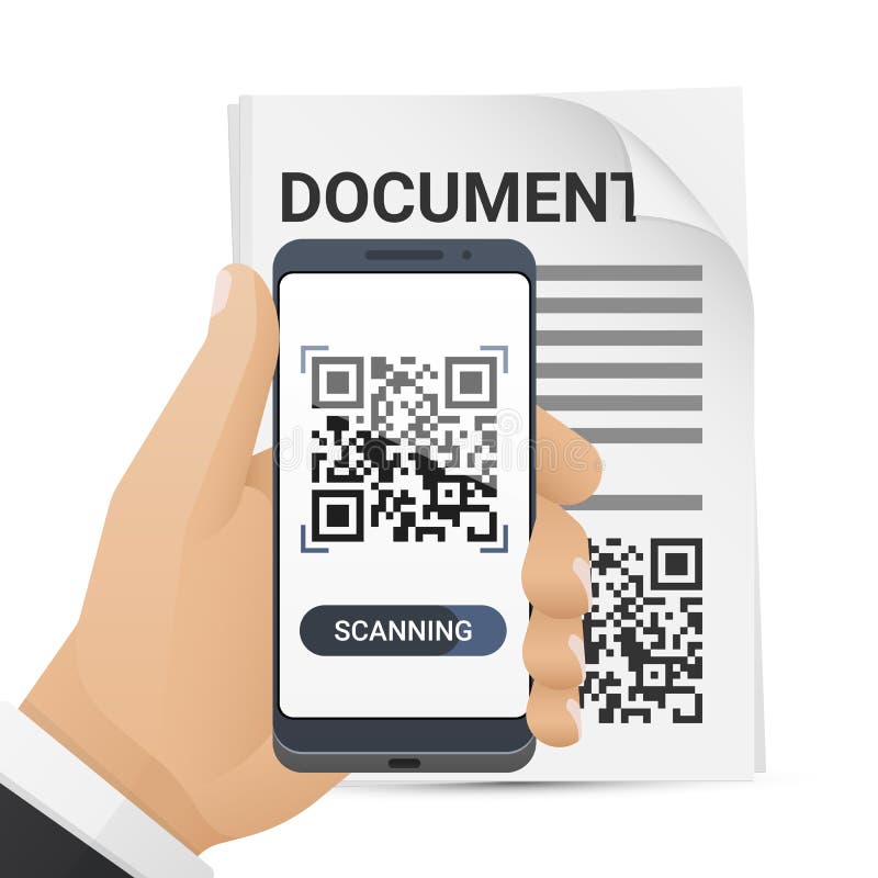 Smartphone adentro sirve la mano que explora código de QR del documento Uso del escáner del código de barras en la pantalla elega libre illustration