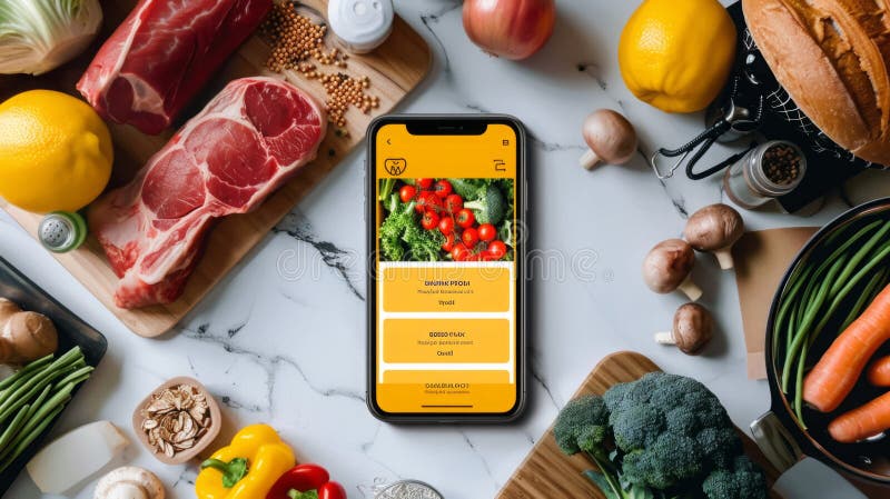 A smartphone screen displaying a restaurant menu with healthy options like grilled chicken and roasted vegetables highlighted