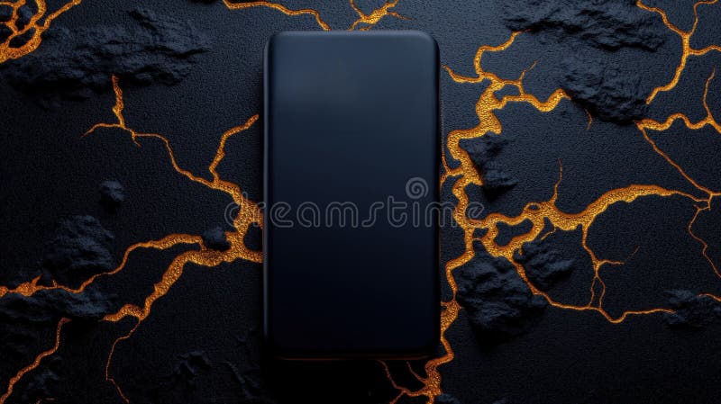 Smartphone auf texturierter Oberfläche mit lavalien Rissen dunklen Farben und modernem Design stock abbildung