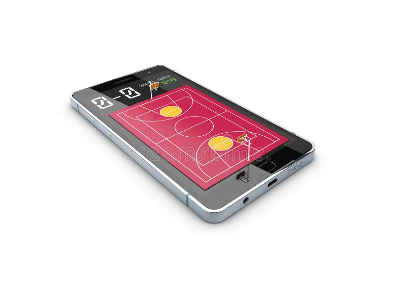 Smartphone avec la boule et le champ de basket-ball sur l'écran Thème et applications de sports illustration 3D illustration libre de droits Smartphone avec la boule et le champ de basket-ball sur l'écran Thème et applications de sports illustration 3D illustration libre de droits