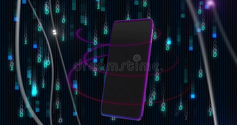Smartphone with binary code and data processing animation in background. Technology, digital, coding, programming, information, cybersecurity. Code programming video