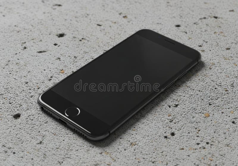 A smartphone with a black screen is placed on a gray concrete surface. The device has a sleek, black exterior with a visible home button at the bottom. The phone is positioned at an angle, showing its side profile and slightly curved edges. The textured concrete backdrop enhances the phone's smooth design. There are small holes and specks in the concrete, adding to the overall rough texture of the background. Laptop side angle illustrations