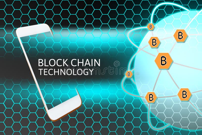 Smartphone with Blockchain concept. Bitcoin networking protection and honeycomb vector illustration