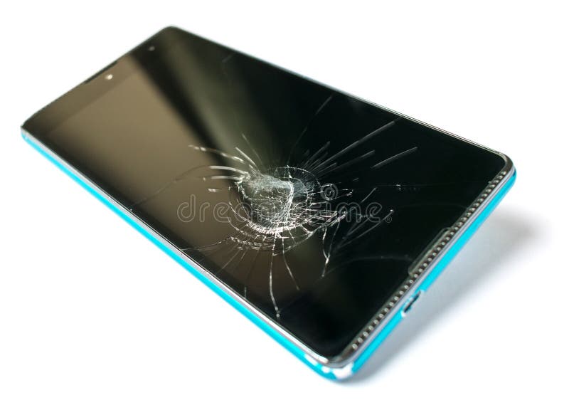 Smartphone with a broken screen isolated on white background. Phone repair concept closeup.