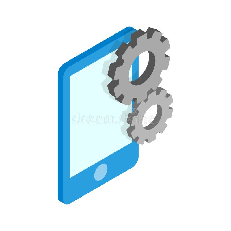 Smartphone com ícone das engrenagens, estilo 3d isométrico ilustração royalty free Smartphone com ícone das engrenagens, estilo 3d isométrico ilustração royalty free