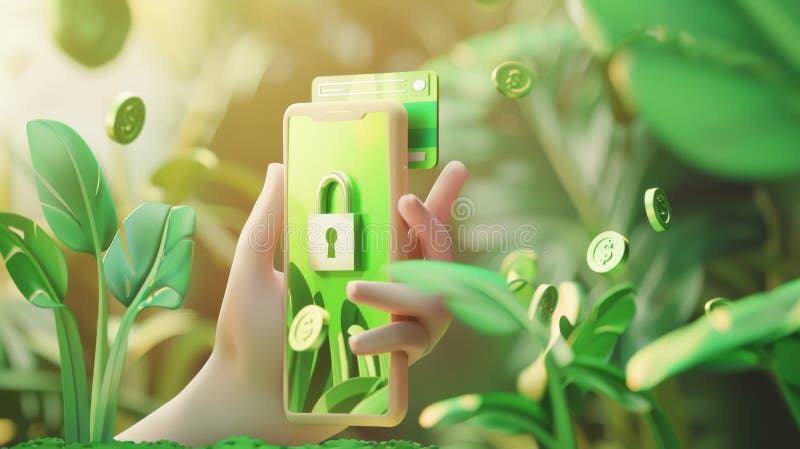 Smartphone con carta verde lucchetto e password sicura sullo schermo. illustrazione in 3d. prodotto a base di