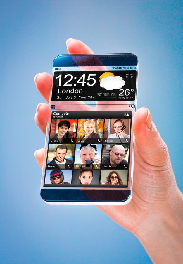 Smartphone con la pantalla transparente en manos humanas. imágenes de archivo libres de regalías Smartphone con la pantalla transparente en manos humanas. imágenes de archivo libres de regalías