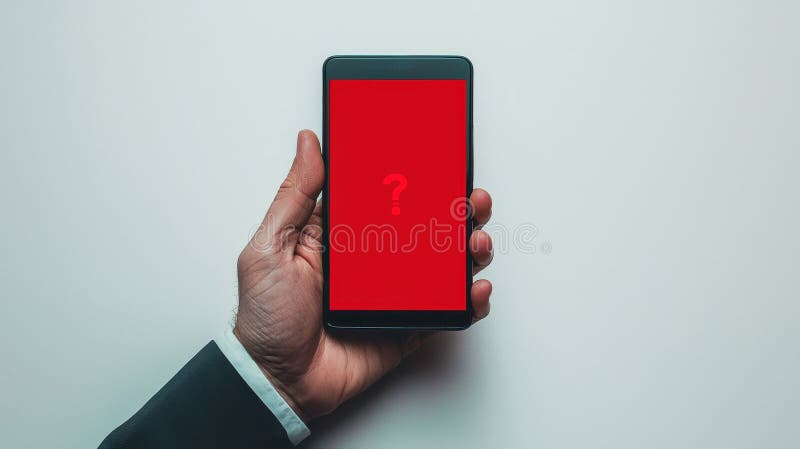 Smartphone con schermo rosso segnalano il problema dell'incertezza Guida Domande frequenti sulla tecnologia mobile. Una mano tiene in mano uno smartphone che mostra un grande schermo rosso con un punto interrogativo Questa immagine è perfetta per illustrare concetti correlati a problemi di incertezza risolvere domande di aiuto e comunicazione digitale Il rosso grassetto crea un impatto visivo