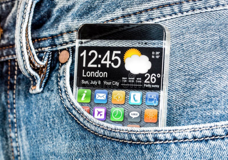 Smartphone con una pantalla transparente en un bolsillo de vaqueros. imagen de archivo libre de regalías Smartphone con una pantalla transparente en un bolsillo de vaqueros. imagen de archivo libre de regalías