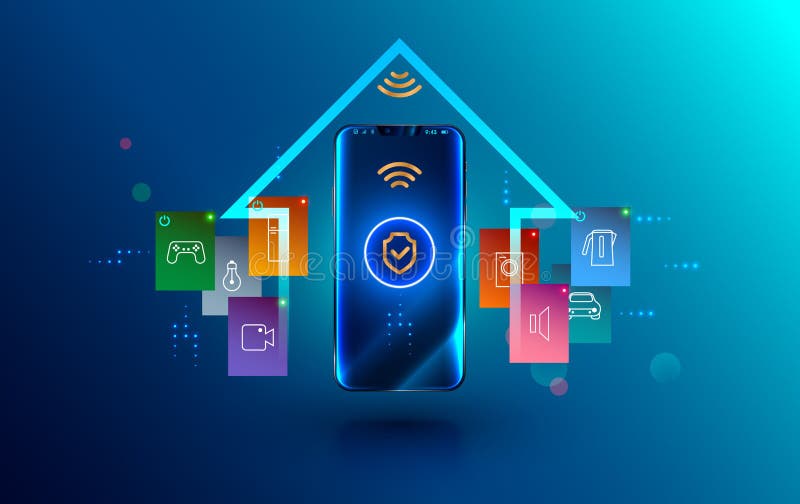 Smartphone connected with smart home via protected wireless connection. Shield symbol security of iot or internet of things on stock illustration