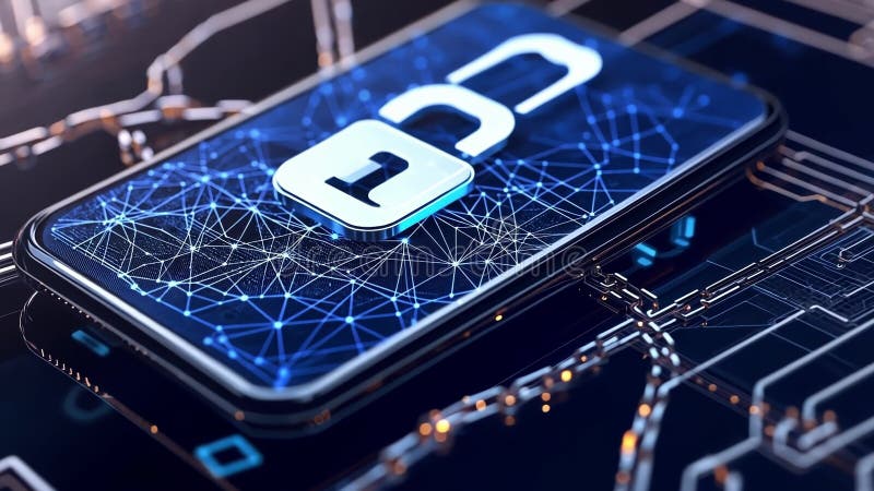 Smartphone cybersecurity protecting mobile devices with secure chains and digital padlock chains are securing a smartphone ilustração stock