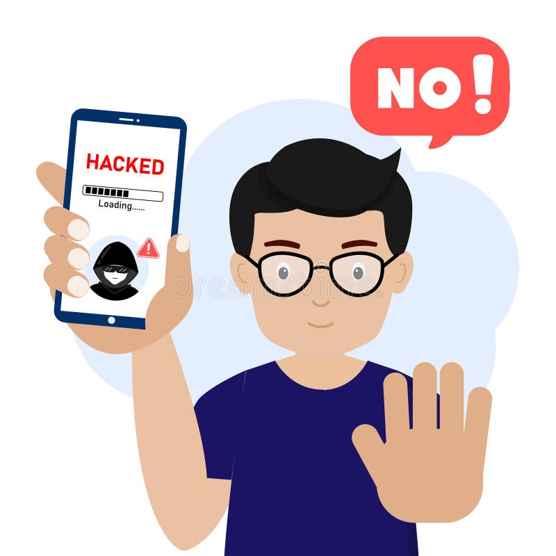 Smartphone de avertizare a unui om cu alertare de tip hacker. stock illustration