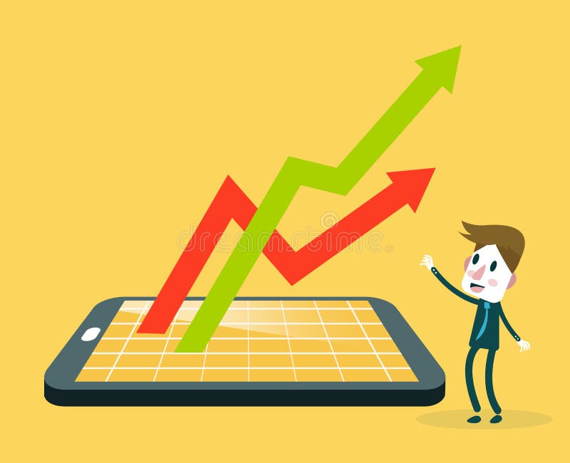 Smartphone de observação do homem de negócios com aplicação do mercado de valores de ação ilustração royalty free Smartphone de observação do homem de negócios com aplicação do mercado de valores de ação ilustração royalty free
