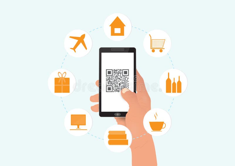 Smartphone della tenuta della mano con il codice del qr e le icone, concetto di tecnologia di affari illustrazione di stock Smartphone della tenuta della mano con il codice del qr e le icone, concetto di tecnologia di affari illustrazione di stock