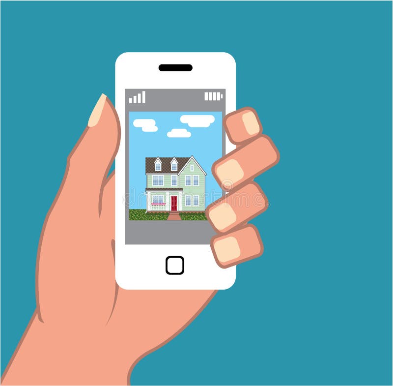Smartphone in der Hand mit Hausbild Vektor lizenzfreie abbildung Smartphone in der Hand mit Hausbild Vektor lizenzfreie abbildung