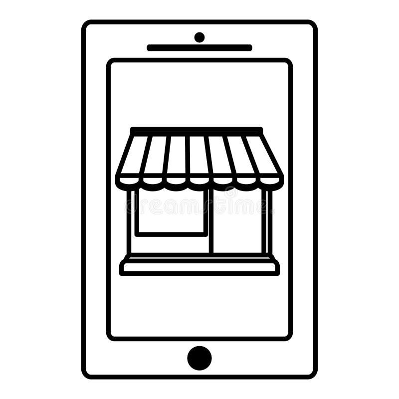 Smartphone device with store building vector illustration