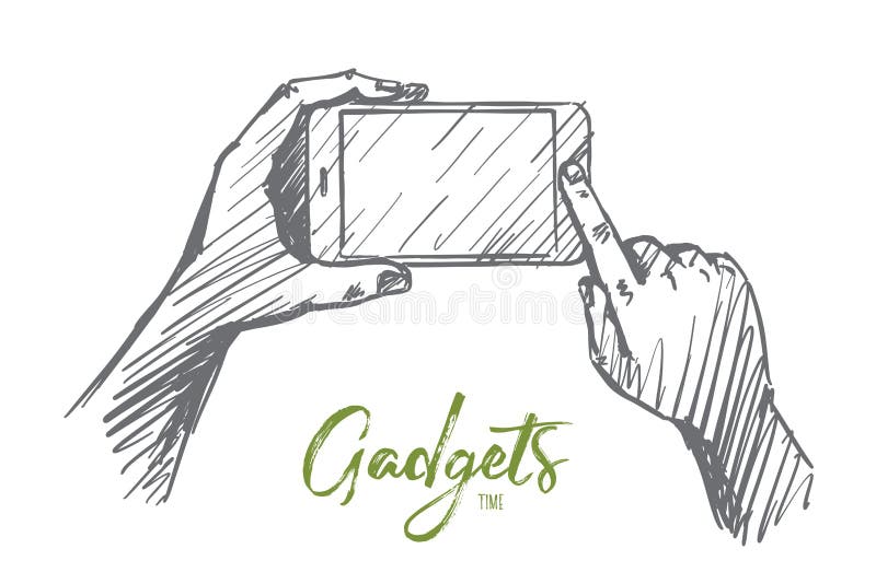 Smartphone disegnato a mano in mani umane, segnanti royalty illustrazione gratis Smartphone disegnato a mano in mani umane, segnanti royalty illustrazione gratis
