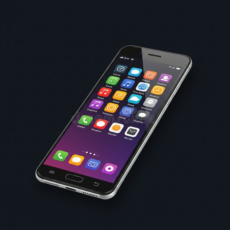 Smartphone displaying a colorful array of app icons on its screen. The device stock illustration
