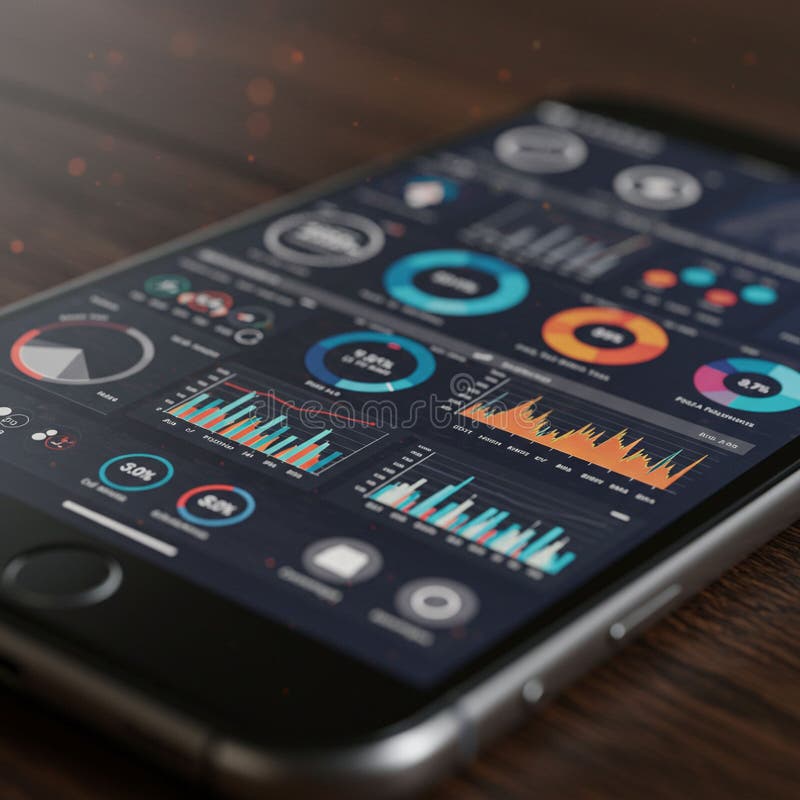Smartphone displaying a data analytics dashboard with various colorful charts and stock illustration