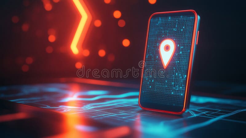 Smartphone displaying a digital map with glowing location marker in a futuristic setting at night royalty free illustration