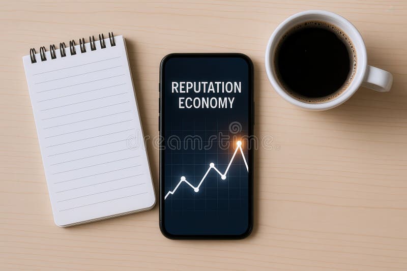 Smartphone displaying reputation economy concept with notebook and coffee royalty free illustration