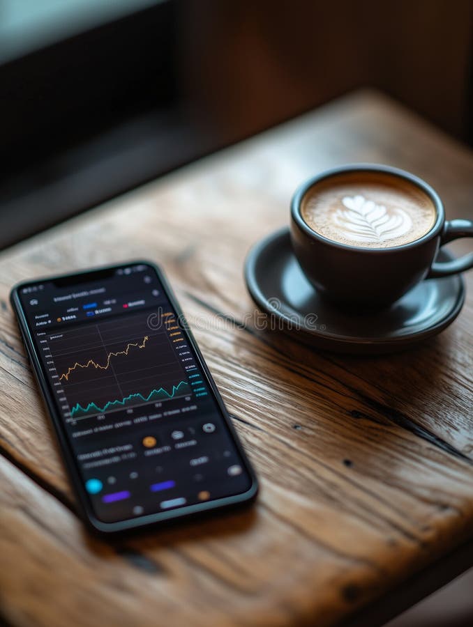 Smartphone displaying stock market trends next to coffee cup on wooden table stock photography
