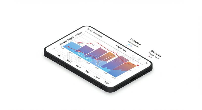 A smartphone displays a graph illustrating \'Mobile Application Uses\' over several vector illustration