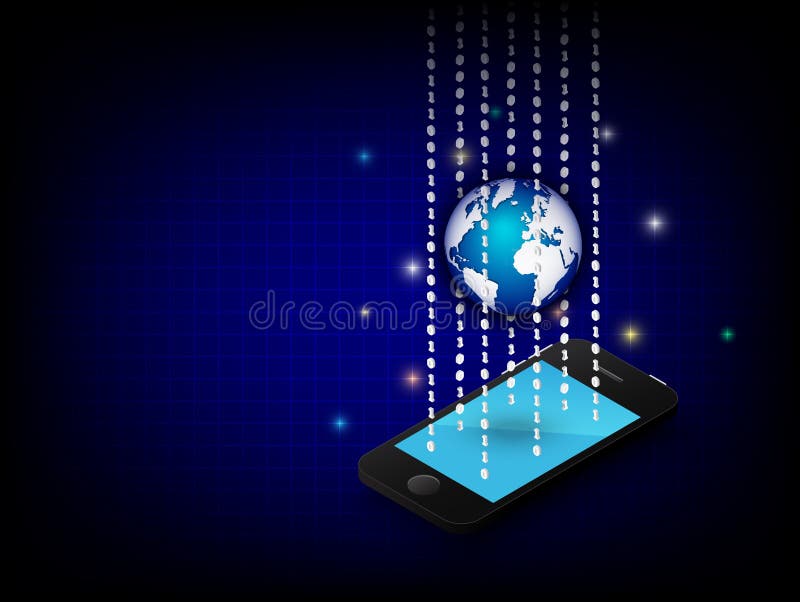 Smartphone e globo e elemento binário no fundo azul Projeto gráfico do vetor 3D ilustração stock Smartphone e globo e elemento binário no fundo azul Projeto gráfico do vetor 3D ilustração stock