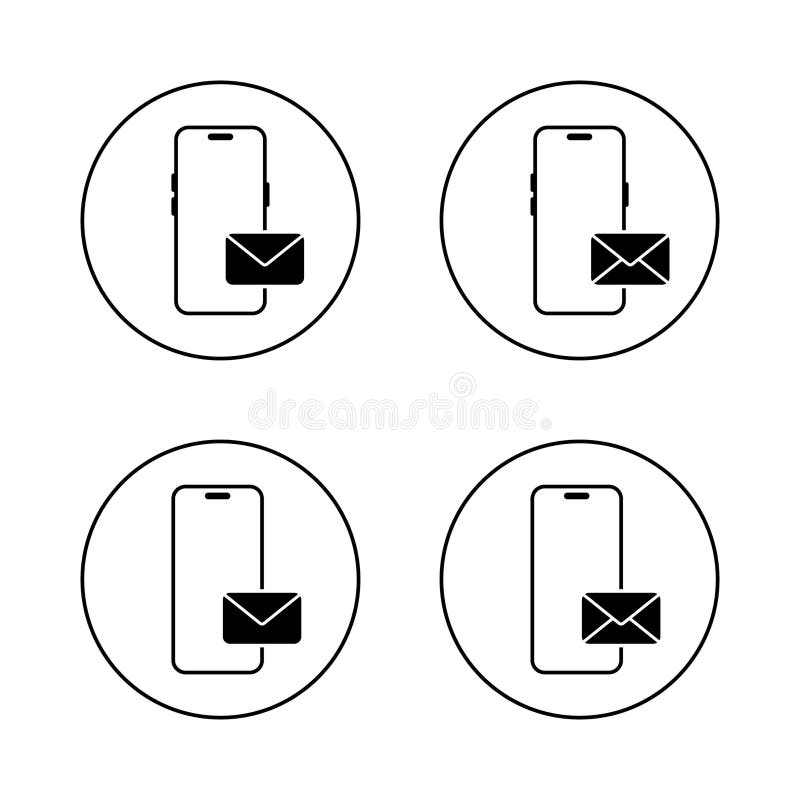 Smartphone email icon set on circle line. Mobile phone with envelope message symbol stock illustration