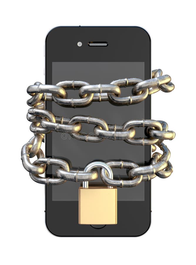 A smartphone wrapped in a metal chain and secured with a brass padlock denoting internet seurity on an isolated background. A smartphone wrapped in a metal chain and secured with a brass padlock denoting internet seurity on an isolated background