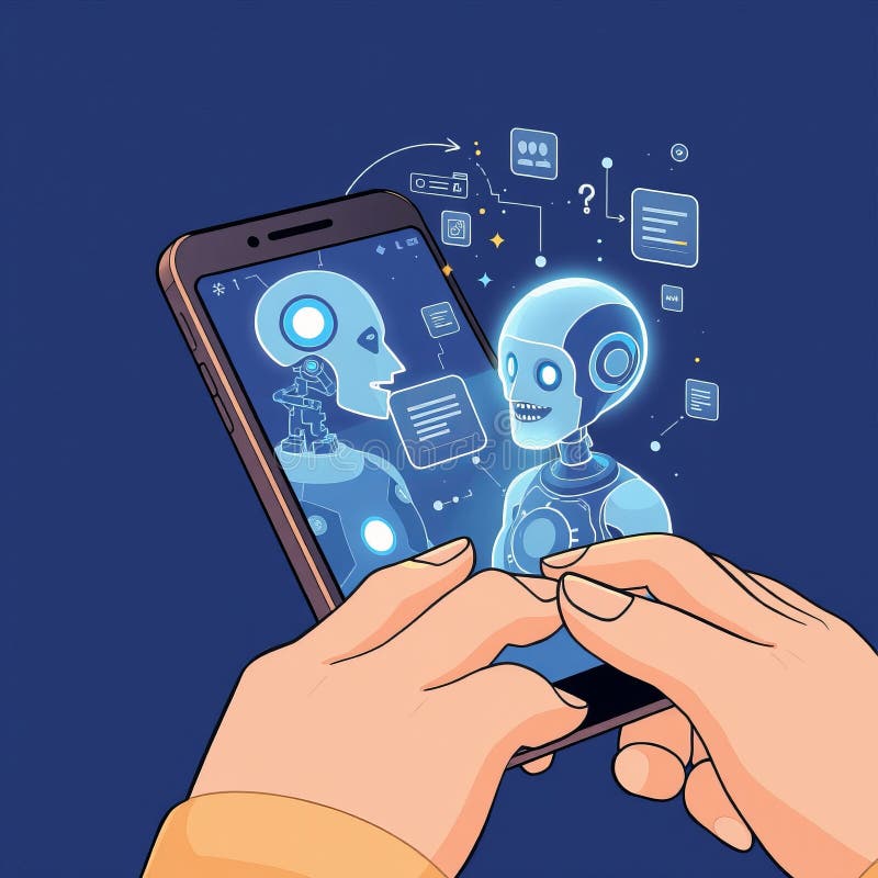 Smartphone equipado con un robot holográfico con inteligencia artificial generativa stock de ilustración