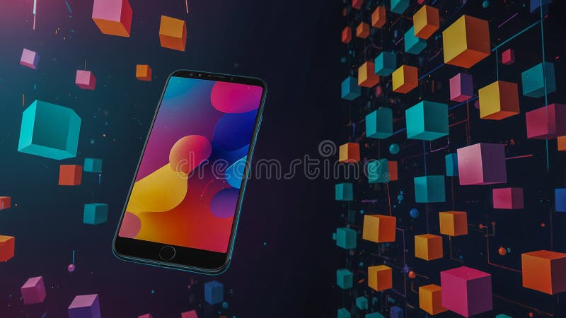 Smartphone Floating Amid Vibrant 3D Cubes and Neon Background royalty free illustration