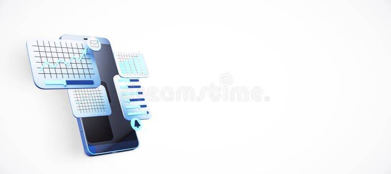 Smartphone with floating analytics and chart icons on white background. Concept of mobile data analysis and business tracking. 3D royalty free illustration