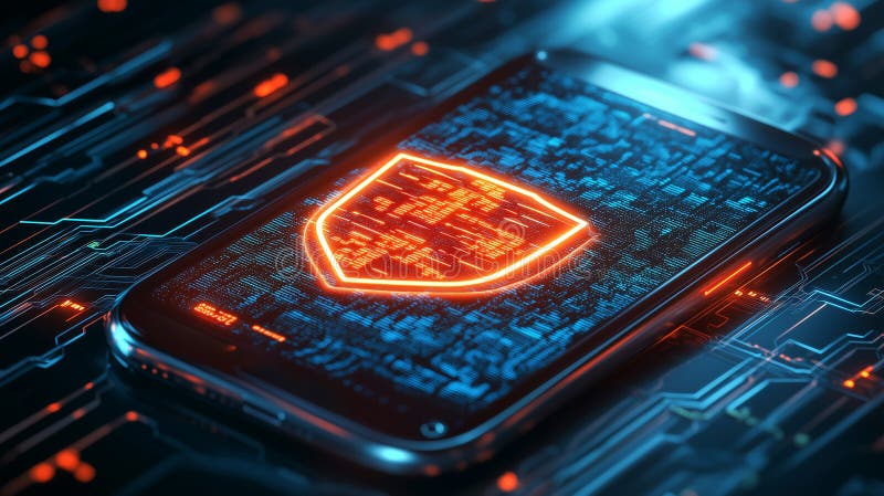 Smartphone with a glowing shield hovering above the screen. Data protection.. By generative Ai stock illustration