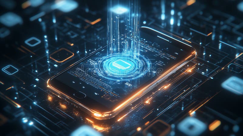 Smartphone with a glowing shield hovering above the screen. Data protection.. By generative Ai stock illustration