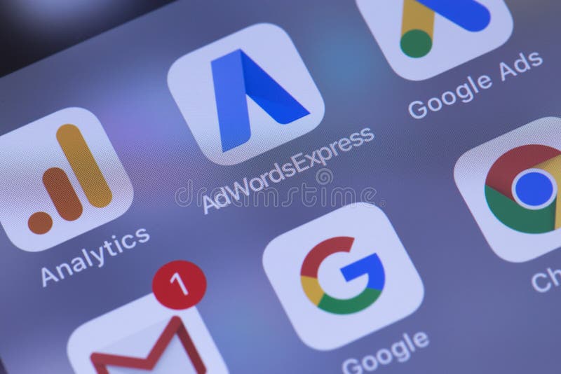 Smartphone with Google services apps. Russia - October 04, 2018 stock photos