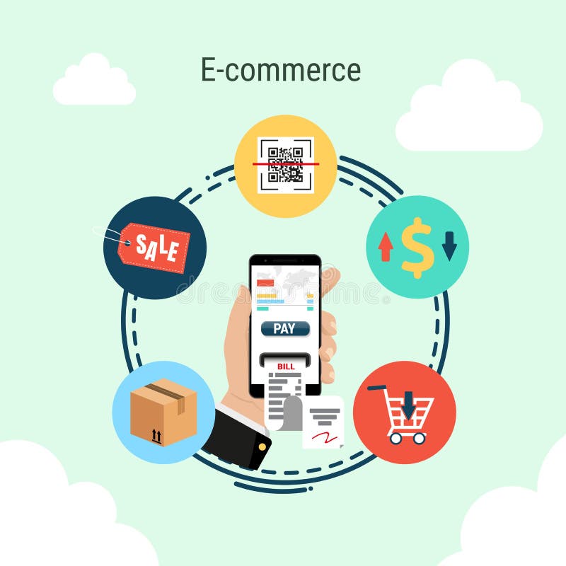 Smartphone in hand, e-commerce infographic concept vector illustration Smartphone in hand, e-commerce infographic concept vector illustration