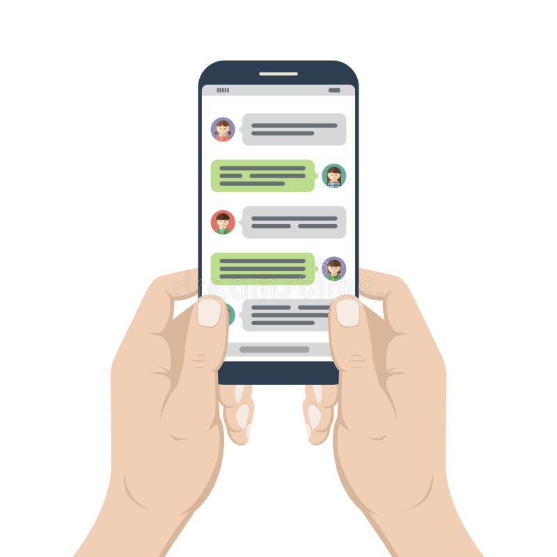 Smartphone in hands with opened messenger app vector illustration Smartphone in hands with opened messenger app vector illustration