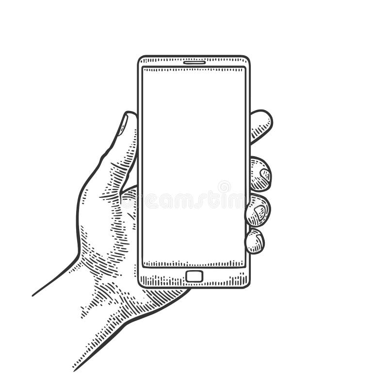 Smartphone hold male hand. Vintage drawn engraving vector illustration Smartphone hold male hand. Vintage drawn engraving vector illustration