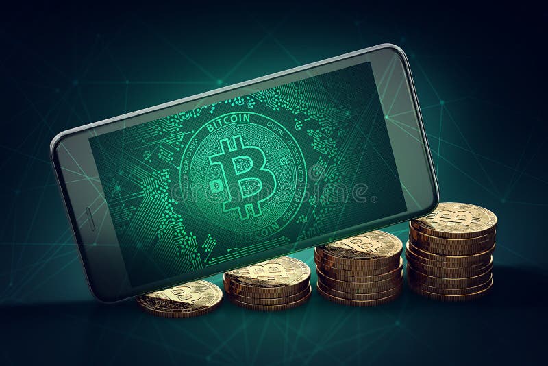 Smartphone horizontal con la colocación en pantalla del símbolo de Bitcoin en pilas crecientes de Bitcoins de oro ilustración del vector Smartphone horizontal con la colocación en pantalla del símbolo de Bitcoin en pilas crecientes de Bitcoins de oro ilustración del vector