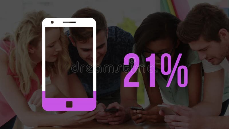 Smartphone and increasing percentage fill in yellow and young adults using smartphones