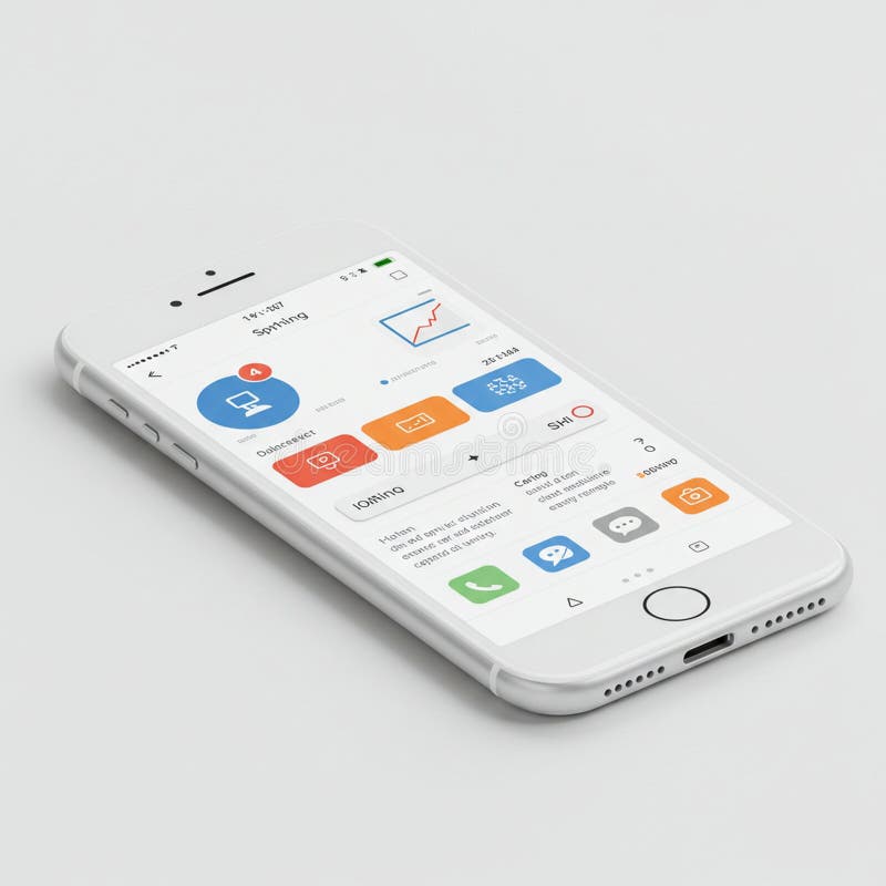 A smartphone lies on a flat surface displaying a screen filled with colorful app icons and graphs the device is slim with a silver illustration stock