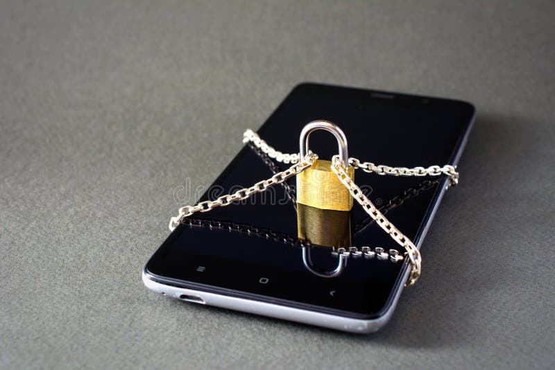 Smartphone with lock padlock chain stock photography