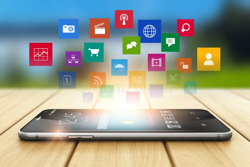 Smartphone-media technologie en sociaal netwerkconcept stock illustratie Smartphone-media technologie en sociaal netwerkconcept stock illustratie