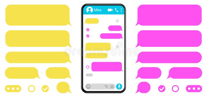 Smartphone with messaging app and message bubbles, blank SMS text frame, chat screen with set message template bubbles icons royalty free illustration