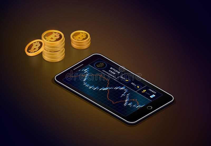 Smartphone met de grafiek van het bitcoincontante geld op het scherm en de stapels van gouden bitcoin innen muntstukken stock illustratie Smartphone met de grafiek van het bitcoincontante geld op het scherm en de stapels van gouden bitcoin innen muntstukken stock illustratie