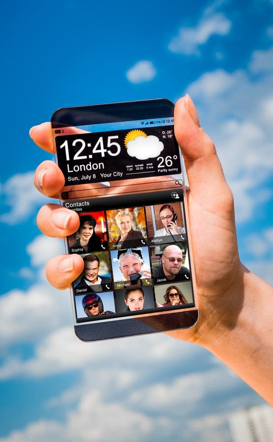 Smartphone met het transparante scherm in menselijke handen stock fotografie Smartphone met het transparante scherm in menselijke handen stock fotografie